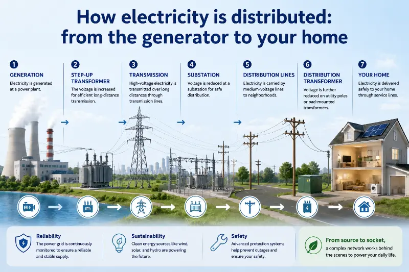 Kaip paskirstoma elektra: nuo generatoriaus iki namų?